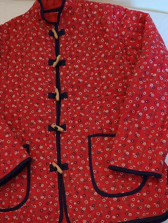 Vintage Jackets & Blazers - 70's Quilted Red Floral Toggle Jacket with Navy Trim